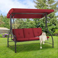 Aecojoy 3-Seat Outdoor Porch Swing With Adjustable Backrest And Canopy, Patio Swing W/Removable Cushions Outdoor Swing Bed For Porch, Backyard, Poolside, Burgundy