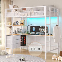 Dictac Twin Loft Bed With L-Shaped Desk, Led Lights,Charging Station Led Loft Metal Bed Frame Twin Size With 3 Storage Shelves And 3 Fabric Drawers, Safety Guard & Ladder, No Box Spring Needed, White