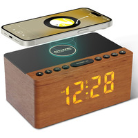 Anjank Wooden Bluetooth Speaker Alarm Clock With Fm Radio, Wireless Charging Station For Iphone/Samsung, Usb Charger Port, Dimmable Display, Sleep Timer, Digital Wood Clock For Bedroom, Bedside
