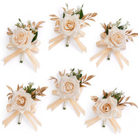 Serwalin 6 Pcs Champagne Boutonniere For Men Wedding, Groom And Best Man Boutonniere With Silk Rose Ceremony Anniversary Formal Dinner Party Artificial Flowers Prom Suit Decorations