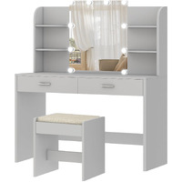 Usikey Vanity Desk, Makeup Vanity Table With 10 Led Light Bulbs, Vanity Table, Vanity Desk Set With 2 Drawers, 6 Storage Shelves & Cushioned Stool For Women Girls, Bedroom, Grey