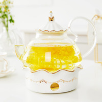 Dujust Blooming Tea Pot Set, Luxury British Design With Relief Decor & Gold Trims, Hand-Crafted Clear Teapot With Warmer, 40Oz Glass Teapot With Infuser, Stove-Safe Tea Party Gift & Home D  Cor