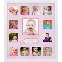 Collage Photo Frame For Baby First Year Keepsake, Multi Picture Frames For Baby Newborn 1St Birthday Giftmemory Home Decor Size 11 X 13 X 1 Inch With 13 Slots In Pink White Prime Wood