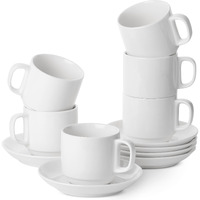 Btat- Stackable Tea Cups And Saucers, White, Set Of 6 (8 Oz), Cappuccino Cups, Coffee Cups, White Tea Cup Set, British Coffee Cups, Porcelain Tea Set, Latte Cups