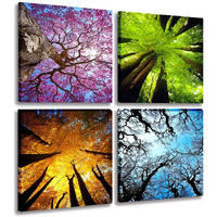 Mesese Art 4 Panels Canvas Wall Art Spring Summer Autumn Winter Four Seasons Landscape Color Tree Painting Picture Prints Modern Giclee Artwork Stretched And Framed For Living Room Home Decoration