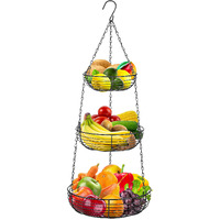 Heavy Duty 3-Tier Hanging Fruit And Vegetable Basket With 2 Metal Ceiling Hooks, Black