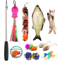 Cat Toys Set, Cat Retractable Teaser Wand, Catnip Fish, Interactive Cat Feather Toy, Mylar Crincle Balls, Two Cotton Mice, Four Fluffy Mouse