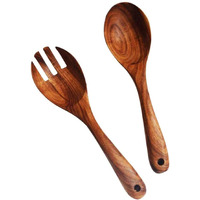 Kalinco Wooden Acacia Salad Servers With Salad Spoon And Fork Set Cooking Utensils For Kitchen (Natural Handmade Cookware) (Salad Servers)