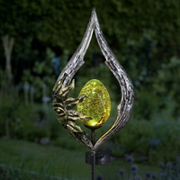 Exhart Garden Stake, Sun On A Teardrop Solar Garden Sculpture, Led Amber Crackle Glass Egg, Silver Metal Outdoor Lawn Decor And Yard Art, 8.5 X 3 X 38 Inch