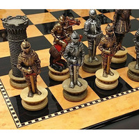 Medieval Times Crusades Gold & Silver Warrior Knights Chess Men Set W/ 15"" High Gloss Dark Walnut & Birdseye Maple Color Board