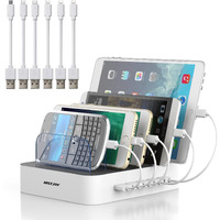 Charging Station For Multiple Devices, Mstjry 5 Port Multi Usb-A Charger Station With Power Switch Designed For Iphone Ipad Cell Phone Tablets (White, 6 Mixed Short Cables Included)