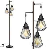 Industrial Floor Lamps For Living Room, Farmhouse Standing Lamp With 3 Hanging Teardrop Cage Shades, 68"" Modern Rustic Tree Tall Lamps With Pedal Switch For Bedroom Office Home Light Decor, Black