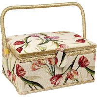 Sewing Basket With Tulip Floral Print Design- Sewing Kit Storage Box With Removable Tray, Built-In Pin Cushion And Interior Pocket - Large - 12"" X 9"" X 6"" - By Adolfo Design