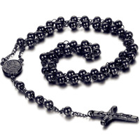 Flongo Men's Women's Vintage Stainless Steel 6Mm Beads Black Jesus Christ Crucifix Cross Rosary Pendant Necklace, 30 Inch Catholic Rosary Beads Pray Necklace