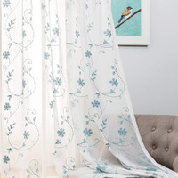 Floral Embroidery Sheer Curtains Blue 63 Inches, Rod Pocket Voile Drapes For Living Room, Bedroom, Window Treatments Semi Crinkle Curtain Panels For Yard, Patio, Villa, Parlor, Set Of 2, 52""X 63"".