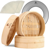 Bamboo Steamer Basket - 2-Tier Dumpling Steamer - Bamboo Steamer 10 Inch For Cooking Dim Sum, Momo, Rice - Chinese Steamer Basket - Steaming Basket - Steam Baskets - Bao Bun Steamer (Natural Bamboo, Steamer With Steamer Ring Set)