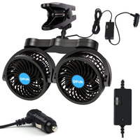 Qifun Car Fan Adjustable Dual Head 12V Fan, 4 Inches Car Clip Fan For Front/Rear Seat Passenger, 360 Rotatable Car Essentials Car Cooler Fan With Stepless Speed Regulation For Car/Vehicle Suv, Rv