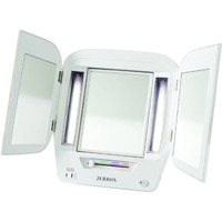 Jerdon Modern Tri-Fold Makeup Mirror With Lights - Vanity Mirror With 5X Magnification & Multiple Light Settings - White Base - Model Jgl10W
