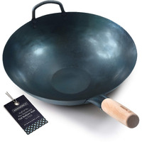 Mammafong Pre Seasoned Blue Carbon Steel Flat Bottom Wok -14 Inch Chinese Pow Wok - Traditionally Hand Hammered Woks And Stir Fry Pans