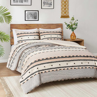 Hyde Lane Boho Queen Comforter Set, Modern Farmhouse Full Size Bedding, Cotton Top With Neutral Rustic Clipped Jacquard Stripes, Tufted Bed Sets, 3-Pieces Including Matching Pillow Shams (90"" X 90"")