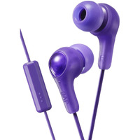Purple Gumy In Ear Earbuds With Stay Fit Ear Tips And Mic. Wired 3.3Ft Colored Cord Cable With Headphone Jack. Small, Medium, And Large Ear Tip Earpieces Included. Jvc Gumy Hafx7Mv