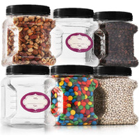 Dilabee Clear Plastic Storage Jars With Lids - 6 Pack - Square Plastic Containers With Airtight Lids - Canisters With Pinch Grip Handles - Bpa-Free - 48 Oz