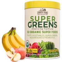 Country Farms Super Greens Apple Banana Flavor, 50 Organic Super Foods, Packed With Fiber, Usda Organic Drink Mix, Fruits, Vegetables, Super Greens, Mushrooms & Probiotics, Supports Energy, 10.6 Oz