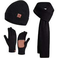 Jtjfit 3Pcs In 1 Winter Warm Knit Beanie Hat+Long Scarf+Touchscreen Gloves Set With Knit Fleece Lined For Men(Black)