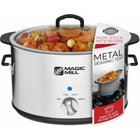Magic Mill Slow Cooker 10 Quart | Extra Large Non-Stick Metal Searing Pot & Transparent Tempered Glass Lid Multipurpose Lightweight Slow Cookers, Pot Is Safe To Put The On The Flame, Dishwasher Safe