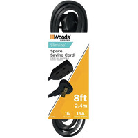 Woods 2243 16/3 Flat Indoor Extension Cord, 8-Foot, 3 Grounded Outlets, Right Angled Plug, Space Saving Design, Ul Listed, Black