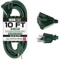 Iron Forge Cable 3 Outlet Outdoor Extension Cord 10 Ft, 16/3 Heavy Duty Green Extension Cord With Multiple Outlets 3 Prong, Weatherproof Exterior Cable For Outside, Landscaping, Lawn & Yard - 13 Amp