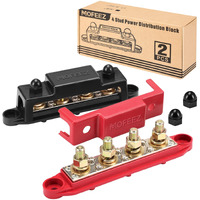 Mofeez Power Distribution Block Bus Bar, 4 X 3/8"" Posts, 6 X #8 Screws Terminals, Max 48V 250A (Pair, Red & Black)