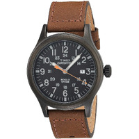 Timex Men's Expedition Scout 40Mm Watch - Black Case Black Dial With Brown Leather Strap
