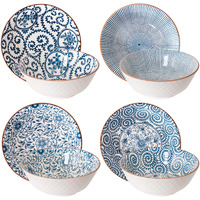 Yalong 8 Inch 40 Ounce Ceramic Bowls For Kitchen Deep Soup Pho Bowls, Blue White Large Porcelain Salad Bowls Set For Ramen Pasta Cereal Dessert Stackable Deep Noodle Serving Bowls Set Of 4