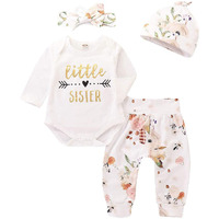 4Pcs Infant Girl Outfits Baby Sister Bodysuit Tops Floral Leggings Pants Set Bowknot Headbands Newborn Clothes (Little Sister,0-3 Months)