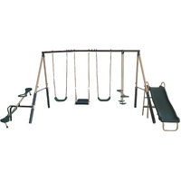 Xdp Recreation Crestview Outdoor Play Kids Metal Backyard Playset Swing Set With 2 Swings, Slide, Stand N Swing, Fun Glider, And See Saw, Green/Tan