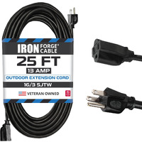 Iron Forge Cable Weatherproof Outdoor Extension Cord 25 Ft, 16/3 Sjtw Heavy Duty Black Extension Cord 3 Prong, 13 Amp Exterior Power Cable For Outdoor Lights, Lawn, Landscaping - Us Veteran Owned