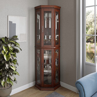 Belleze Lighted Wooden Corner Display Curio Cabinet, Two Section Shelving Unit With Tempered Glass Door, Bar And Liquor Storage Area With 6 Shelves - Lorona (Walnut)