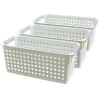 Basicwise White Rectangular Plastic Shelf Organizer Basket With Handles (Set Of 3), (Qi003238.3)