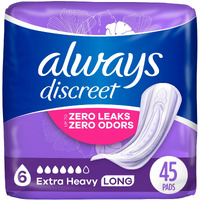 Always Discreet Adult Extra Heavy Long Incontinence Pads, Up To 100% Leak-Free Protection, White 45 Count (Packaging May Vary)