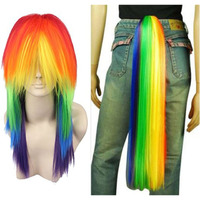 Anogol Hair Cap+Long Straight Cosplay Wig With Ponytail Multi-Colored Cosplay Wig Anime Wig Halloween Costume Wig Christmas Party Wig