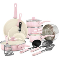 Greenlife Soft Grip 16 Piece Cookware Set, Non-Toxic Pfas-Free Ceramic Nonstick, Frying, Sauce, Saute, Utensils, Glass Lids, Stay-Cool Handles, Wobble Free, Dishwasher & Oven Safe, Soft Pink