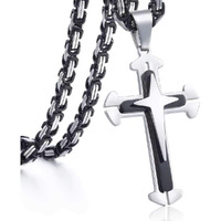 Trendsmax Mens Cross Pendant Necklace Stainless Steel Black Silver Byzantine Chain 22Inch