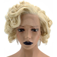Anogol Hair Cap+ 13 * 1 Middle Part Light Blonde Lace Front Wig Synthetic Hair Short Curly 613 Blonde Bob Wigs Glueless Natural Hairline For Women