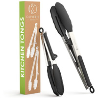 Oliver's Kitchen  Tongs - 2X Food Safe Silicone Cooking Tongs - Locking Clip For Easy Storage - Great For Bbq - Easy To Use & Grip Kitchen Tongs - Stylish Stainless Steel Design