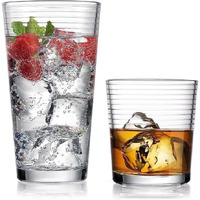Drinking Glasses - Set Of 8 Glass Cups, 4 Highball Glasses (17Oz) 4 Rocks Glasses (13Oz) Ribbed Glasses For Mixed Drinks, Water, Juice, Beer, Wine, Excellent Gift!