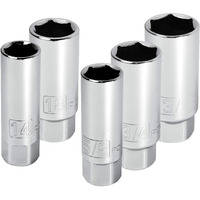 Powerbuilt 3/8-Inch Drive Spark Plug Socket Set, 6 Point, Deep Thin Wall, 5 Piece Metric And Sae - 640855, Grey