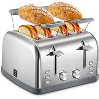 Toaster 4 Slice, Extra Wide Slots, Stainless Steel With High Lift Lever, Bagel And Muffin Function, Removal Crumb Tray, 7-Shade Settings With Warming Rack, Silver, Yabano