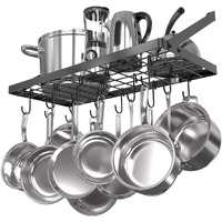 Vdomus Hanging Pot Rack, Wall Mounted Pots And Pans Holder 29.3 By 13 Inch - Kitchen Cookware Organizer For Pots And Pans Storage 15 Hooks, Ideal For Pans, Utensils, Cookware In Square Grid - Black