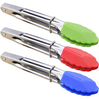 Hinmay Mini Tongs With Silicone Tips 7-Inch Serving Tongs, Set Of 3 (Green Red Blue)
